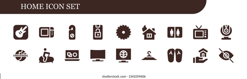 home icon set. 18 filled home icons.  Collection Of - Garage band, Microwave oven, Hanger, Lock phone, Saw, House, Bathroom, Television, Webcam, Universal, Stationary bike, Vector