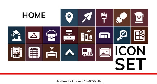 home icon set. 19 filled home icons.  Simple modern icons about  - Location, Desk lamp, Web site, Mixer, Garage, Ladder, Caravan, Painting, Hanger, Bucket, Television, Building