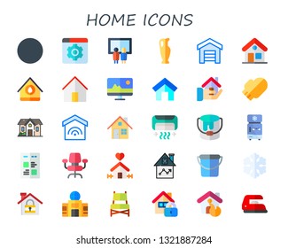home icon set. 30 flat home icons.  Simple modern icons about  - key, browser, painting, vase, garage, house, monitor, oven mitt, smart house, fireplace, air conditioner, paint bucket