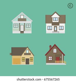 Home icon set 6. Four flat residential houses. Modern buildings collection. Elements for web design / infographic / backgrounds. Vector illustration.