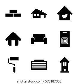 home icon. Set of 9 home filled icons such as business center building, brick wall, building, roller, home, house building, sofa, eco house