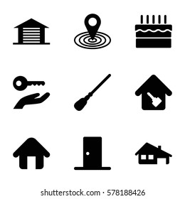home icon. Set of 9 home filled icons such as mop, map location, cake, house building, garage, door