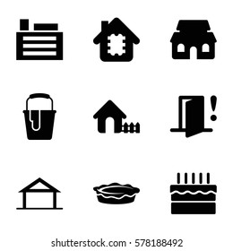 home icon. Set of 9 home filled icons such as home, house, paint bucket, pie, cake, house building, building, door warning