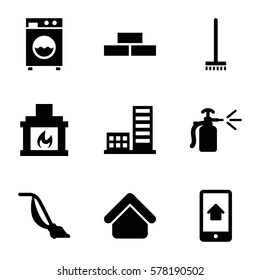home icon. Set of 9 home filled icons such as house building, brick wall, broom, vacuum cleaner, spray bottle, fireplace, home on phone display, washing machine