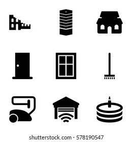 home icon. Set of 9 home filled icons such as business centre, door, window, vacuum cleaner, broom, cake, house building, garage