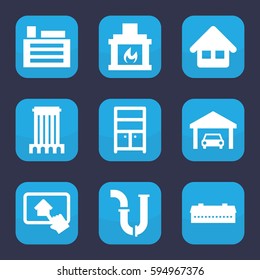 home icon. Set of 9 filled home icons such as barn, wardrobe, pipe, fireplace, building