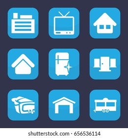 Home icon. set of 9 filled home icons such as house building, garage, clean fridge, trailer, pie, tv, home, building
