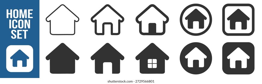 Ícone de início definido para aplicativos e sites. Símbolo da casa. Sinal imobiliário. Estilos de linha fina, contorno e traçado preenchidos em plano de fundo transparente