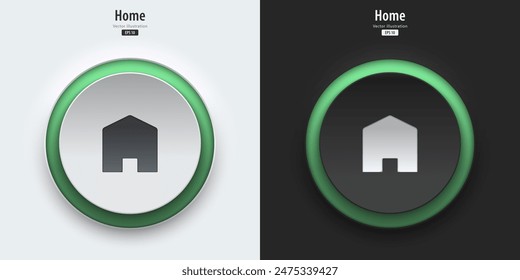 Home icon. A set of black and white buttons have green neon lights with a Home symbol. Icon in trendy neumorphic style for apps, websites, and interfaces. UI UX element. Vector illustration.