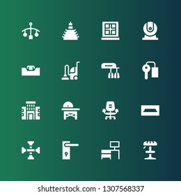 home icon set. Collection of 16 filled home icons included Stool, Desk, Door handle, Cross wrench, Tv table, Desk chair, Saw, Building, Key room, Mixer, Vacuum, Webcam, Window