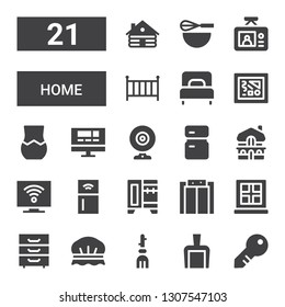 home icon set. Collection of 21 filled home icons included Key, Dustpan, Broom, Shower cap, Cabinet, Window, Elevator, Wardrobe, Refrigerator, Television, Mansion, Fridge, Webcam