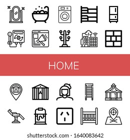 home icon set. Collection of Full length mirror, Heater, Jacuzzi, Website, Washing machine, Coat stand, Bunk bed, Smart city, Fridge, Brick wall, Placeholder, Chair, Town hall icons