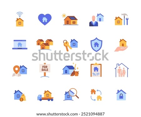 Home icon set. Colorful symbols with real estate, mortgage, property, sale and rent, Design elements for app or website. Flat vector illustration collection isolated on white background