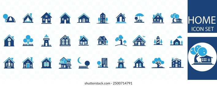 Home icon set. Containing house, property, loan, town, landlord, insurance, location, mortgage, for sale and more. Solid vector icons collection