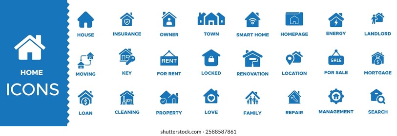 Home icon set. Containing house, property, loan, town, landlord, insurance, location, mortgage, for sale and more. Solid vector icons collection. home icons set or pack