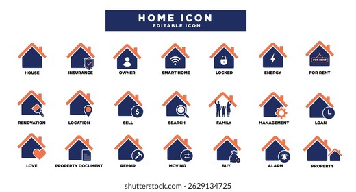 Conjunto de iconos de inicio. Contiene casa, propiedad, préstamo, compra, seguro, ubicación, hipoteca, en venta y más. Iconos editables sólidos