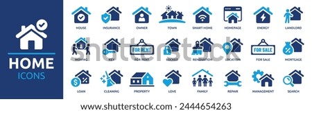 Home icon set. Containing house, property, loan, town, landlord, insurance, location, mortgage, for sale and more. Solid vector icons collection.