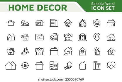 Conjunto de iconos de inicio. Una colección acogedora y acogedora de íconos que encarnan el confort y el estilo de vida, perfecta para realzar a los App inmobiliarios, proyectos de mejoras para el hogar y Sitios web.