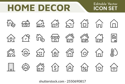 Conjunto de iconos de inicio. Una colección acogedora y acogedora de íconos que encarnan el confort y el estilo de vida, perfecta para realzar a los App inmobiliarios, proyectos de mejoras para el hogar y Sitios web.