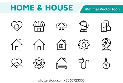 Home Icon Set. A cozy and inviting collection of icons that embody comfort and lifestyle, perfect for enhancing real estate apps, home improvement projects, and websites.