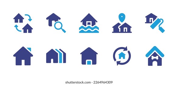 Juego de iconos de inicio. Color de duotona. Ilustración vectorial. Conteniendo el intercambio de casas, inspección, casa inundada, renovación, casa de perros.