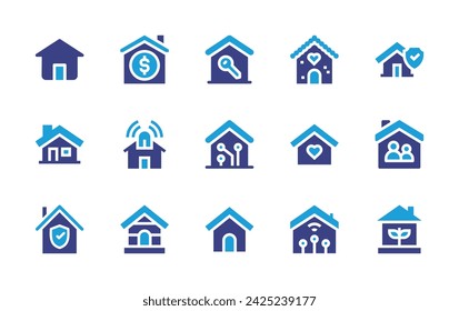 Home icon set. Duotone color. Vector illustration. Containing key, insurance, home, family, gingerbread house, smart home, house, smarthome, dog house, insurance.