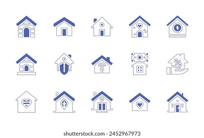 Home icon set. Duotone style line stroke and bold. Vector illustration. Containing loan, house, gingerbread house, dog house, home insurance, home.