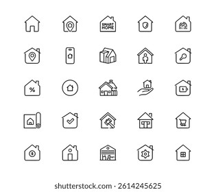Home Icon Set. Editable Stroke. Contains such icons as House, Apartment, Real Estate, Family, Real Estate Agent, Investment, Residential Building