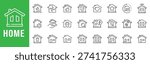 Home icon set featuring house, property, security, smart home, maintenance, location, and eco housing concepts in clean outline, editable stroke 