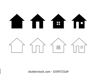 Home icon set. House symbol with door and window. Black building logo outline and fill silhouette. Isolated on white background. Vector illustration image.