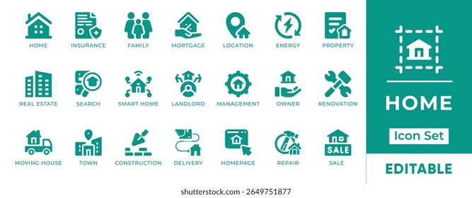 Home Icon Set. Includes icons of houses, rooms, interiors, furniture, family living, and real estate. Perfect for housing apps, property listings, and lifestyle design.