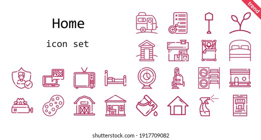 home icon set. line icon style. home related icons such as bed, washing machine, insurance, sponge, television, real estate, vacuum cleaner, shovel, cabin, wake up, gps, house, home, bucket, planning