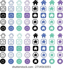 Startseite Symbol-Set mit mehreren Stilen und Farbvarianten, einschließlich Umriss- und Volltonversionen in abgerundeten Formen. Entwickelt für Navigation, Dashboards und mobile oder Web-UI-Schnittstellen.