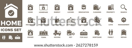 Home icon set or pack. home, for rent, smart home, family, searchcleaning, key, moving, energy, , property, loan, town, landlord, insurance, location, mortgage, for sale and more. Solid vector icons.