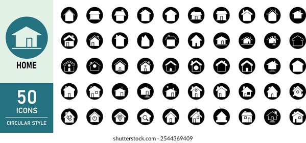 Conjunto de ícones da página inicial, Coleção de ícones circulares do Solid. Ícones do botão Início definidos. Ícone de página inicial, Símbolos de casa simples, ícone de construção, ilustração de vetor.