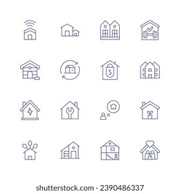 Home icon set. Thin line icon. Editable stroke. Containing smart home, dog house, eco house, houses, insurance, house, dolls house, neighborhood, home repair, home, seeds.