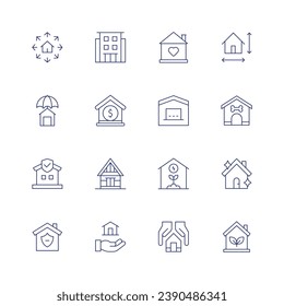 Home icon set. Thin line icon. Editable stroke. Containing home, house insurance, insurance, home security, happy house, work from home, eco, condominium, value, house, size, dog house, eco. svg