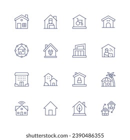 Home icon set. Thin line icon. Editable stroke. Containing home, retirement, smart, elderly, modern house, home security, eco house, work from home, house, dog house, move, remote.