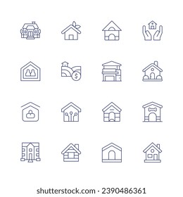 Juego de iconos de inicio. Icono de línea delgada. Trazo editable. Conteniendo casa, vivienda compartida, trabajo desde casa, retiro, casa de mascotas, moderna, casa de perros, verde, tierra, inteligente, cabaña, casa.