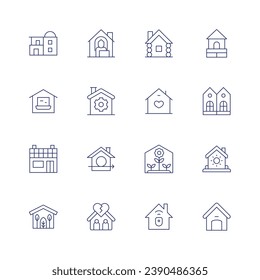 Home icon set. Thin line icon. Editable stroke. Containing house, solar house, green, wooden house, green, home, work from home, home repair, broken, wood house, twin.