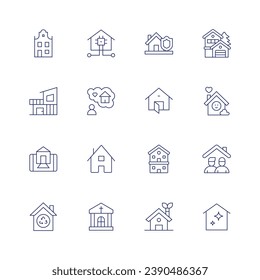 Home icon set. Thin line icon. Editable stroke. Containing house, modern, home, eco, open house, nursing home, smart home, expectation, charnel, real estate, shared flat, clean.