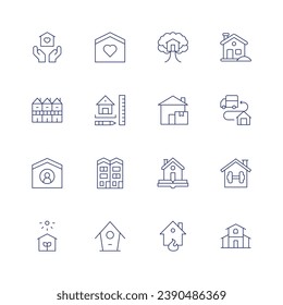 Home icon set. Thin line icon. Editable stroke. Containing home, multifamily house, green, tree house, home delivery, rules, home insurance, design, house, bird house, fulfilment.