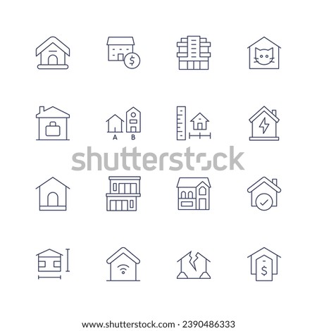 Home icon set. Thin line icon. Editable stroke. Containing dog house, work from home, plan, modern house, design, house, broken family, valuation, smart home, pet, energy.