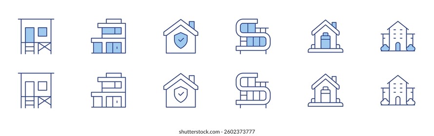 Home icon set in two styles, Duotone and Thin Line style. Editable stroke. beach house, modern house, house, nursing home, protect.