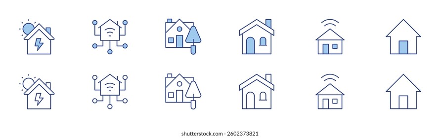 Home icon set in two styles, Duotone and Thin Line style. Editable stroke. home, house, solar energy, trowel.