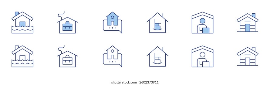 Home icon set in two styles, Duotone and Thin Line style. Editable stroke. flooded house, working at home, retirement