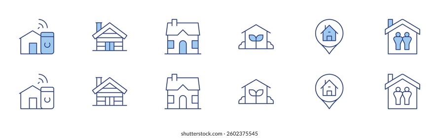 Home icon set in two styles, Duotone and Thin Line style. Editable stroke. smart house, eco house, home address, wooden house, house.