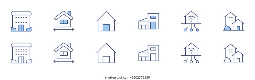 Home icon set in two styles, Duotone and Thin Line style. Editable stroke. retirement home, modern house, smart home, house, measured