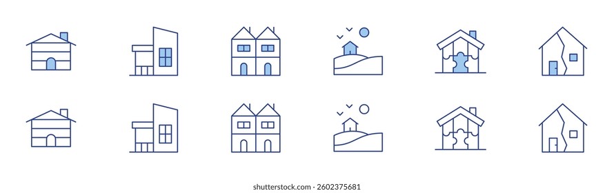 Home icon set in two styles, Duotone and Thin Line style. Editable stroke. wood house, house, home, terraced house, property.