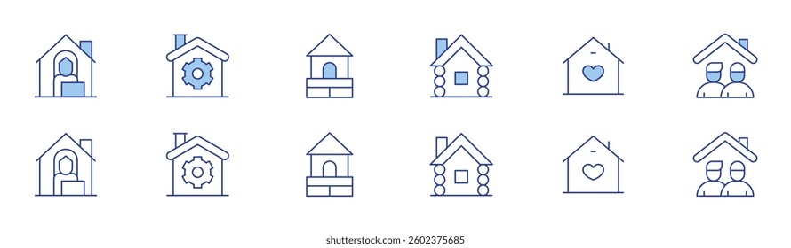 Home icon set in two styles, Duotone and Thin Line style. Editable stroke. wooden house, house, work from home, home repair, wood house, shared flat.